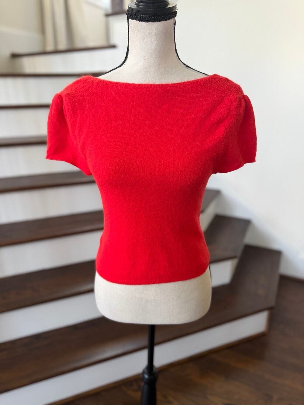 Free People Red Soft Fluffy Texture Open Back Short Sleeve Tight Sweater